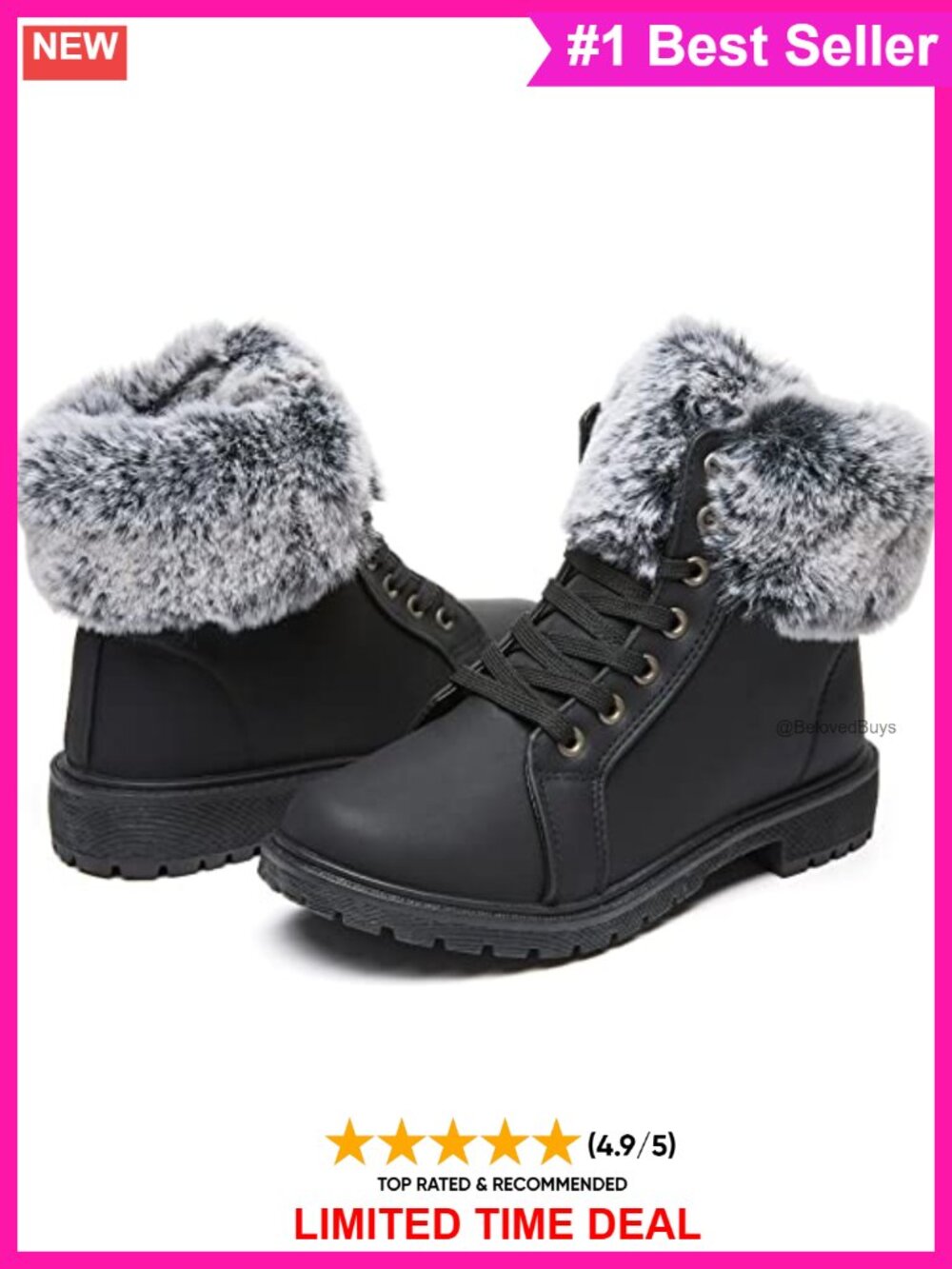 Faux Leather Fur Lined Winter Ankle Combat Boots Lace-Up